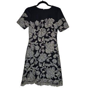 Tadashi Shoji 2 Gold Sabi Dress Cocktail Fit Flare Floral Applique Neoprene